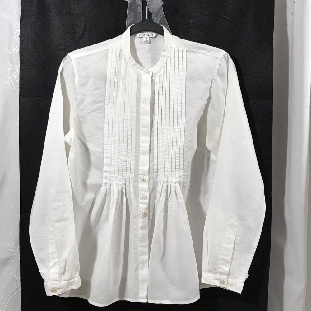 CAbi - White Blouse - Button Front with Pleats and Mandarin Collar